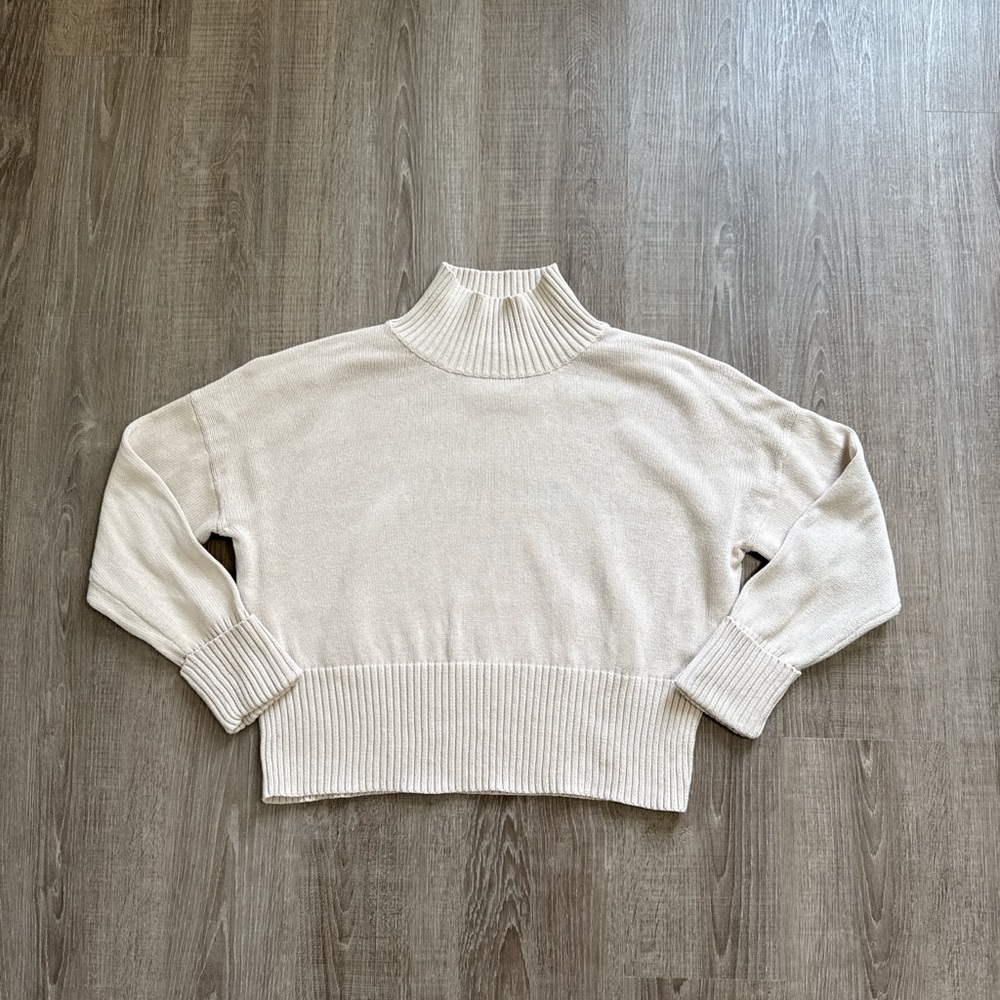 525 America 100% Cotton Ribbed High Neck Cream Knit Sweater Loose Fit Size S - Picture 2 of 9